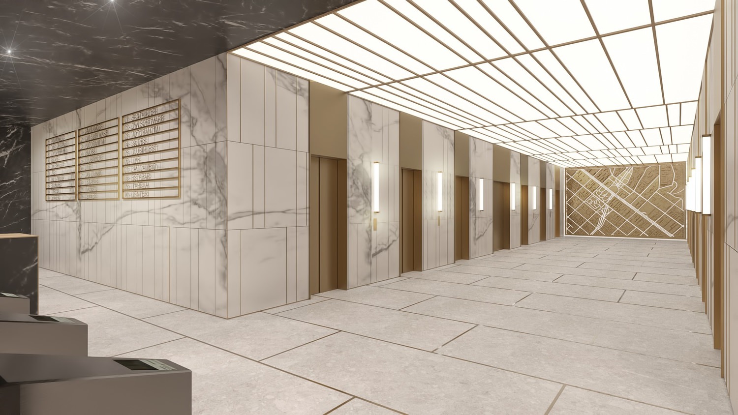 A large room that has marble tile on the walls and floor and there are elevator doors that are on the side of it.