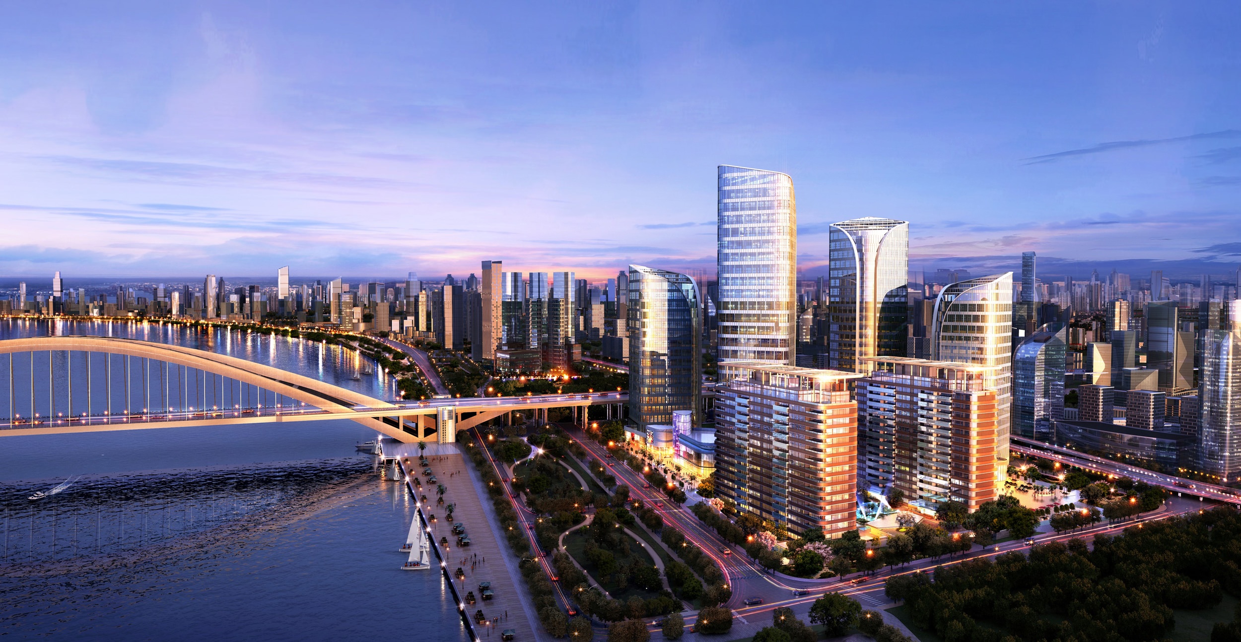 A view of the downtown part of a city that has a big river running through it and a bridge.