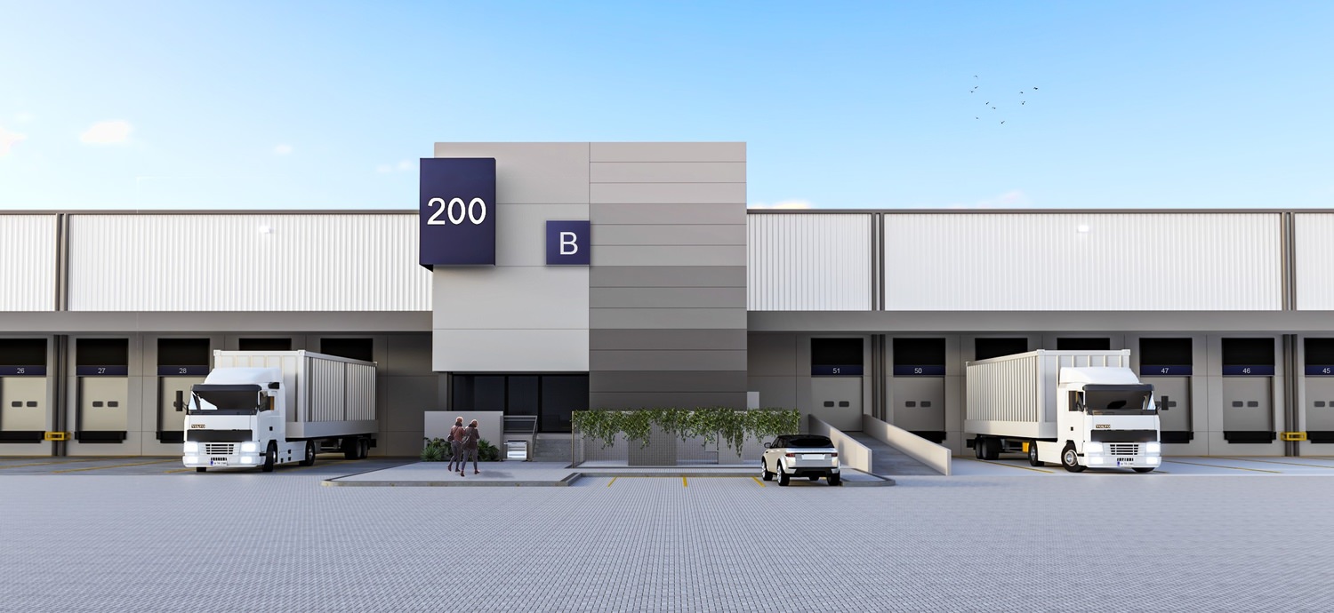 A large grey building with the number 200 and the letter B on signs at the outside of it.