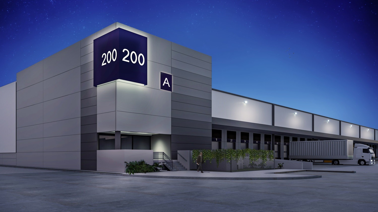 A large grey building with the number 200 and the letter A on signs at the outside of it.