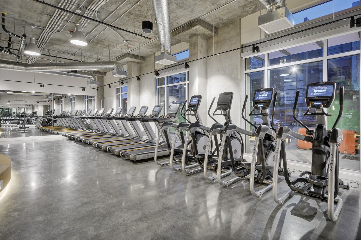 A row of several exercise bikes and treadmills line the indoor room of a gym with glass windows.