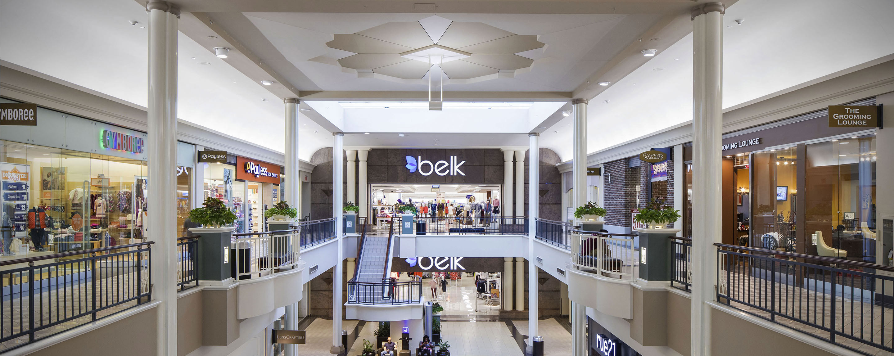 Interior shot of a mall showing two stories. The image is centered on Belk.