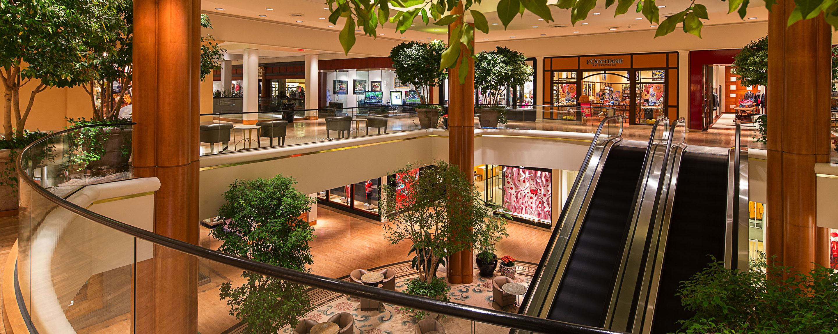 Trees and plants decorate the area of a two storied shopping center with an escalator.