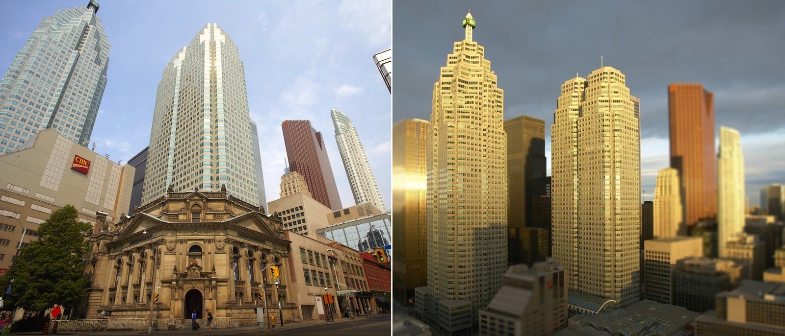 A row of white and brown skyscrapers reaching towards the cloudy sky above a city.