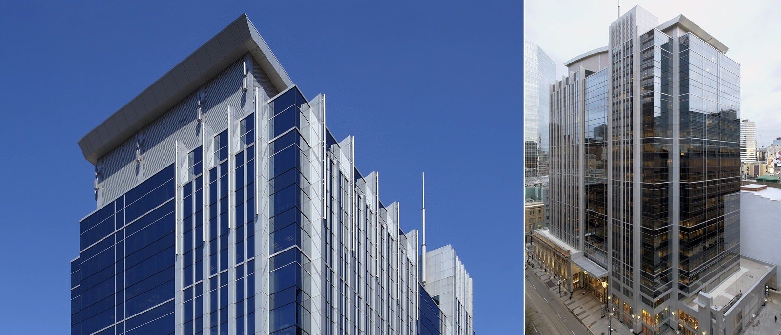 Two photos of a large skyscraper. One shows the entire skyscraper and the other focuses just on its top.
