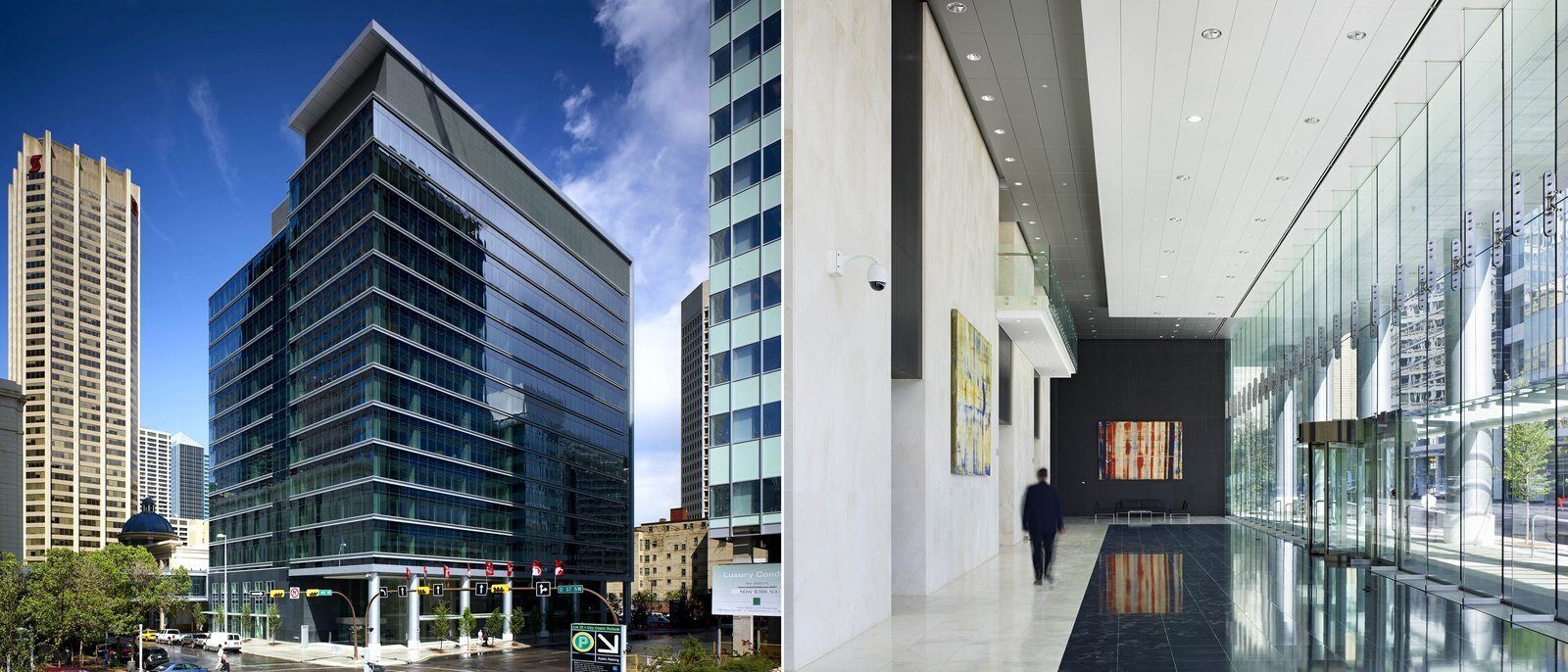 Two photos: one is an exterior of the building, the other is inside the lobby.