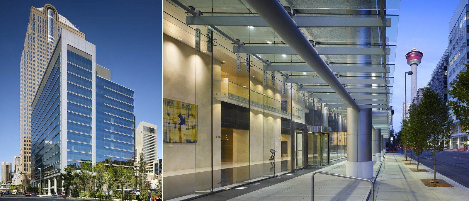 Two exterior shots of the building. One shows the entire building, the other shows the entrance from the sidewalk.