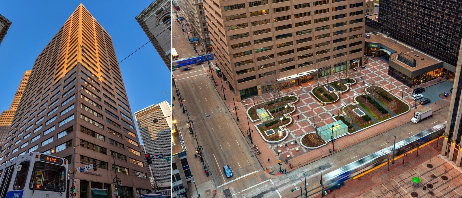 A large outdoor plaza is seen in the middle of a downtown area with large skyscrapers surrounding it.